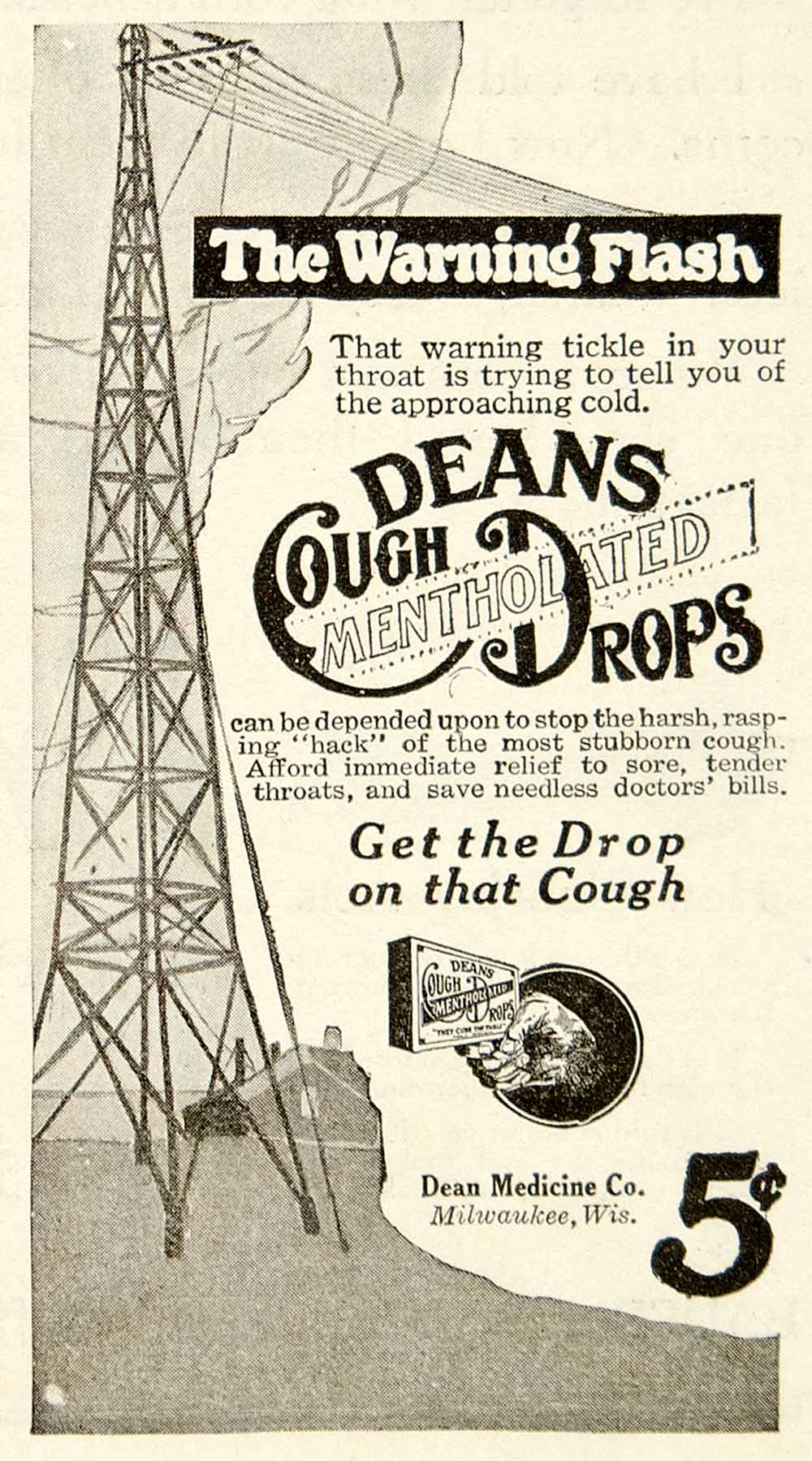 1919 Ad Dean Medicine Mentholated Cough Drops Warning Flash Milwaukee WI YLD2