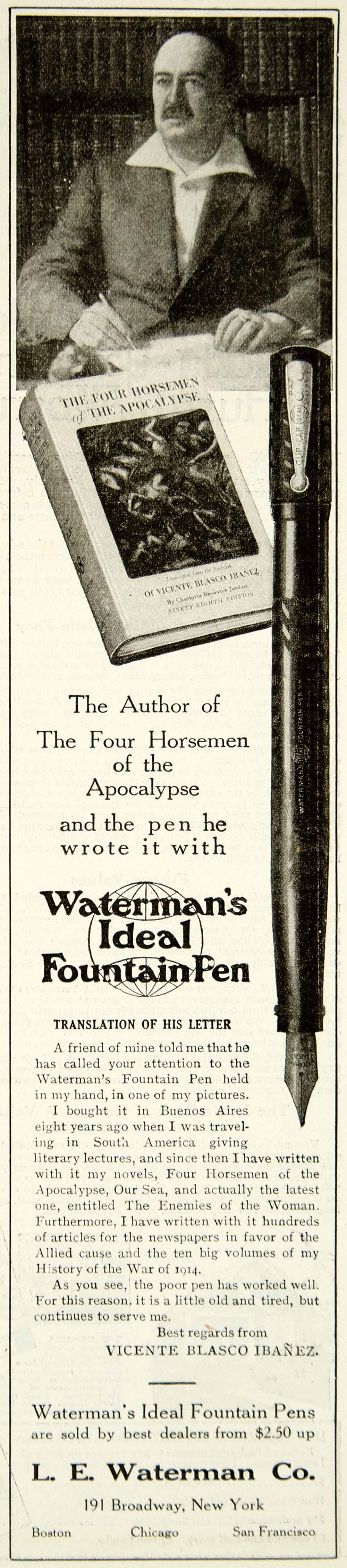 1919 Ad LE Waterman 191 Broadway NY Ideal Fountain Pen Vicente Blasco YLD2