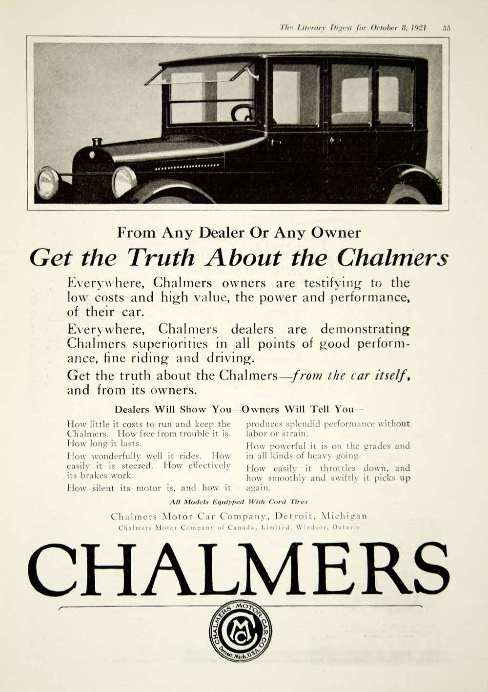 1921 Ad Chalmers Motor Car Company Detroit Michigan Automobile Drive Black YLD3