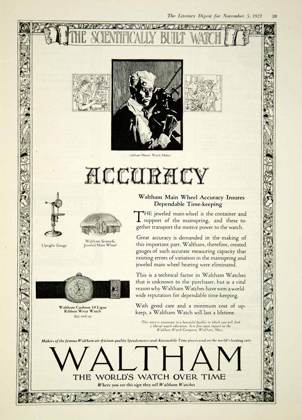 1921 Ad Waltham World's Watch Over Time Scientific Accuracy Wrist Time YLD3