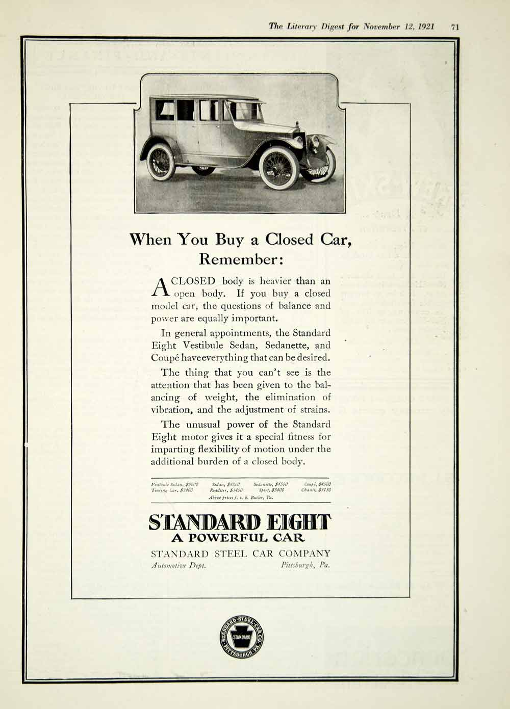 1921 Ad Standard Eight Steel Car Company Pittsburgh Automobile Vehicle YLD3