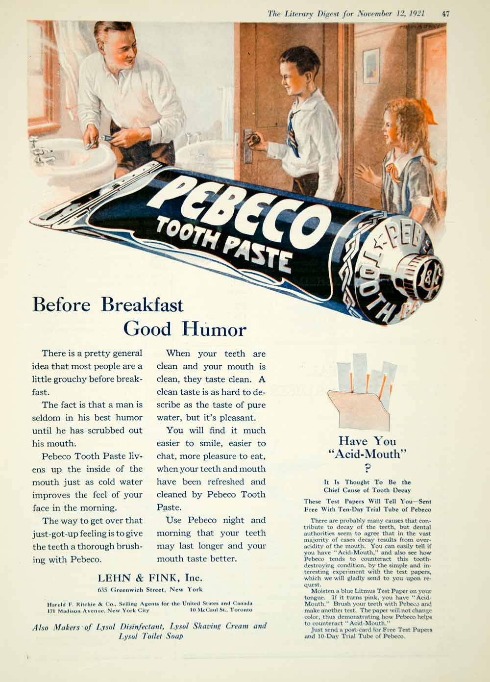 1921 Ad Pebeco Tooth Paste Brush Teeth Children Father Bathroom Lehn Fink YLD3