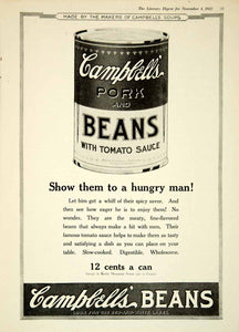 1922 Ad Campbells Pork Beans Tomato Sauce Can Food Hungry Man Soup Label YLD3