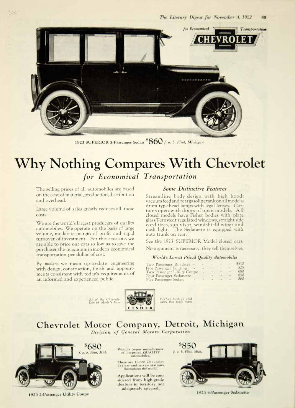 1922 Ad Superior Sedan Chevrolet Motor Car Company Detroit Automobile Drive YLD3