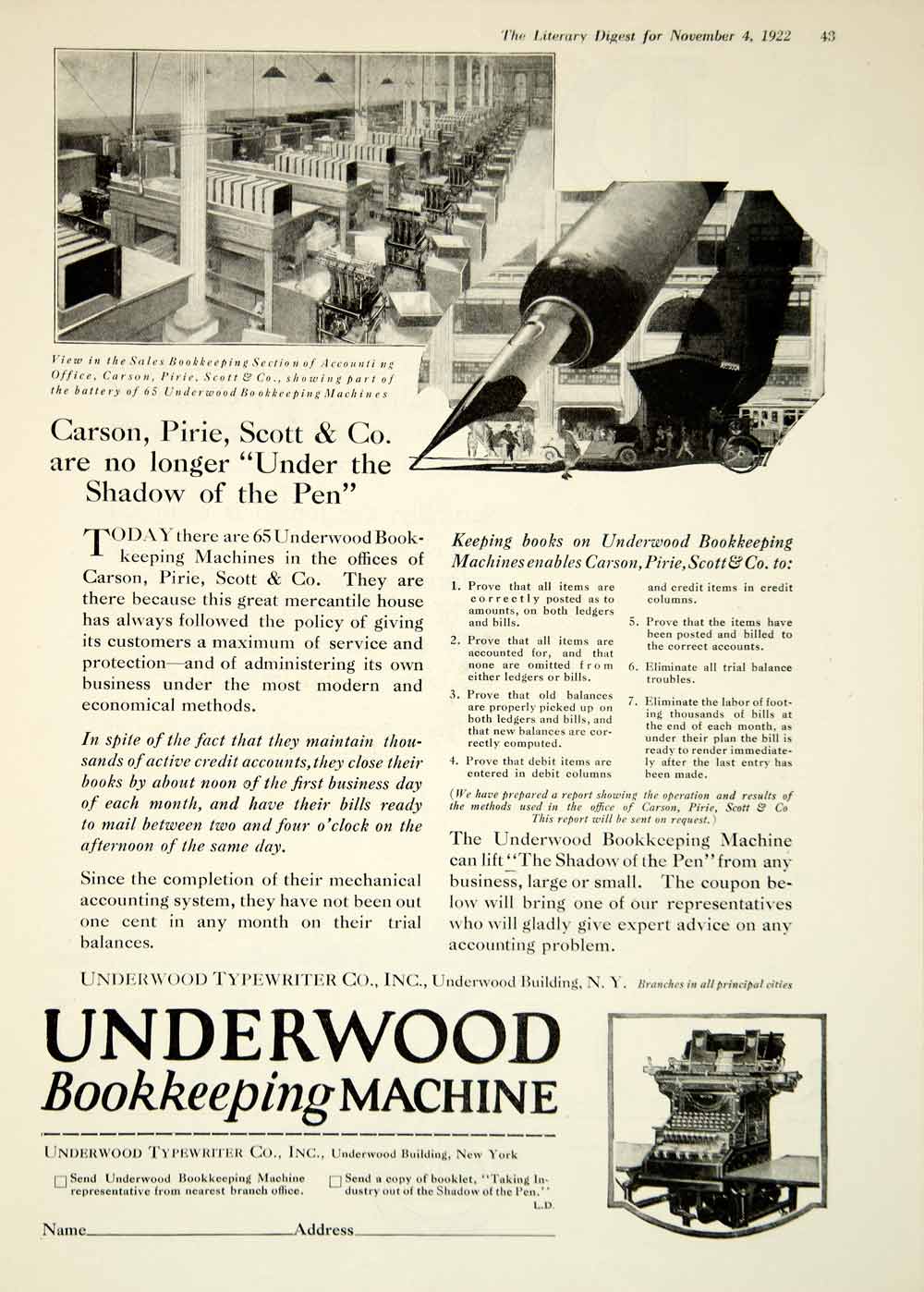 1922 Ad Underwood Bookkeeping Machine Typewriter Company New York YLD3