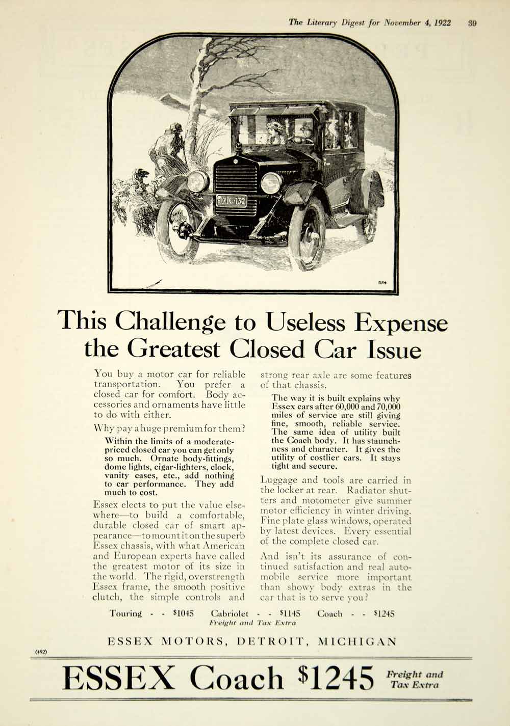 1922 Ad Essex Coach Car Automobile Drive Winter Transportation Detroit YLD3