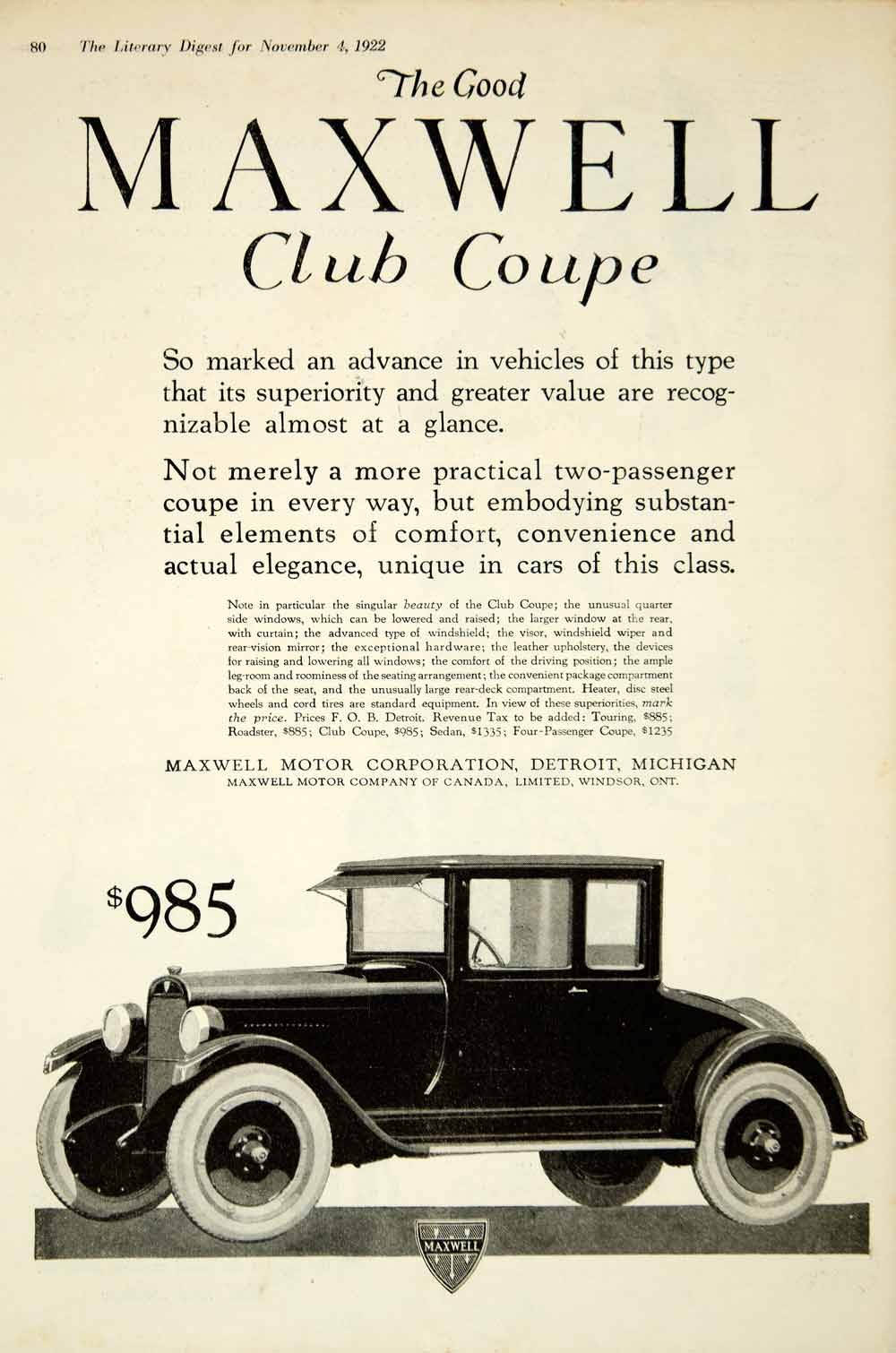 1922 Ad Maxwell Club Coupe Car Automobile Motor Drive Detroit Classic YLD3