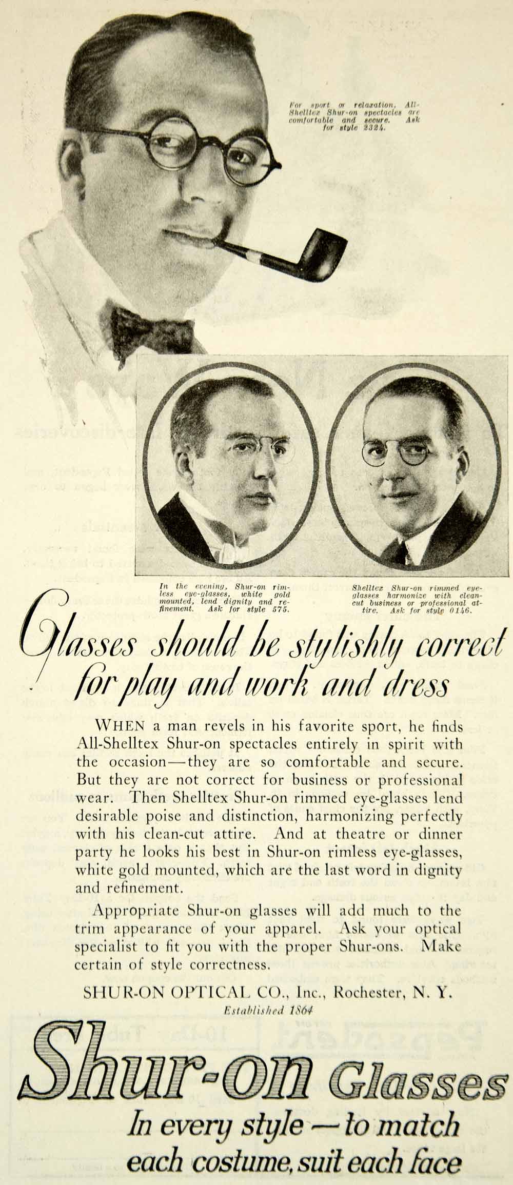 1922 Ad Shur On Eye Glasses Men Pipe Smoke Portrait Eyesight Optical YLD3