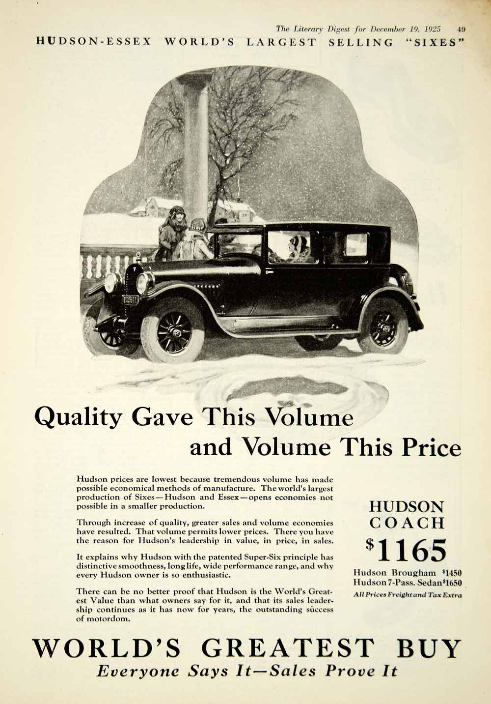 1925 Ad Vintage Hudson Essex Six Coach Car Automobile Antique Winter Snow YLD4