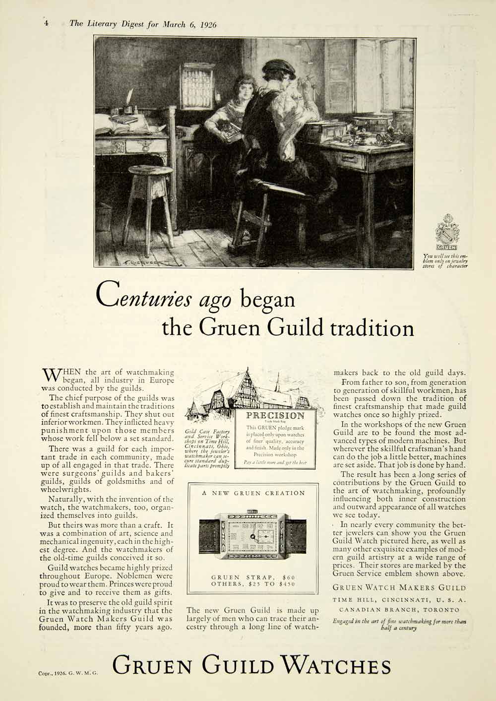 1926 Ad Vintage Gruen Guild Watches Watching Making Medieval Craftsman YLD4