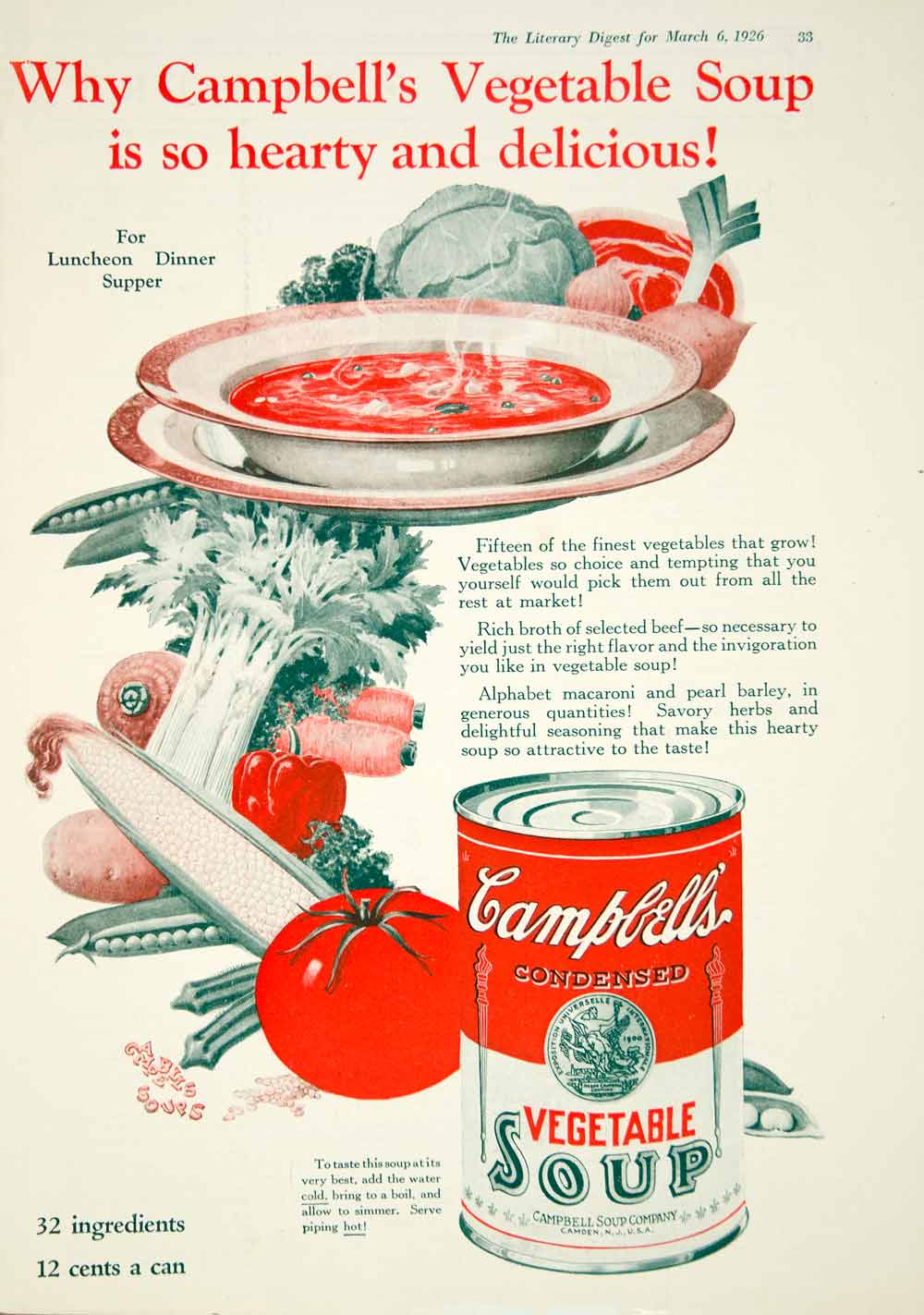 1926 Ad Campbell's Vegetable Soup Ingredients Tomato Corn Carrot Peas YLD4