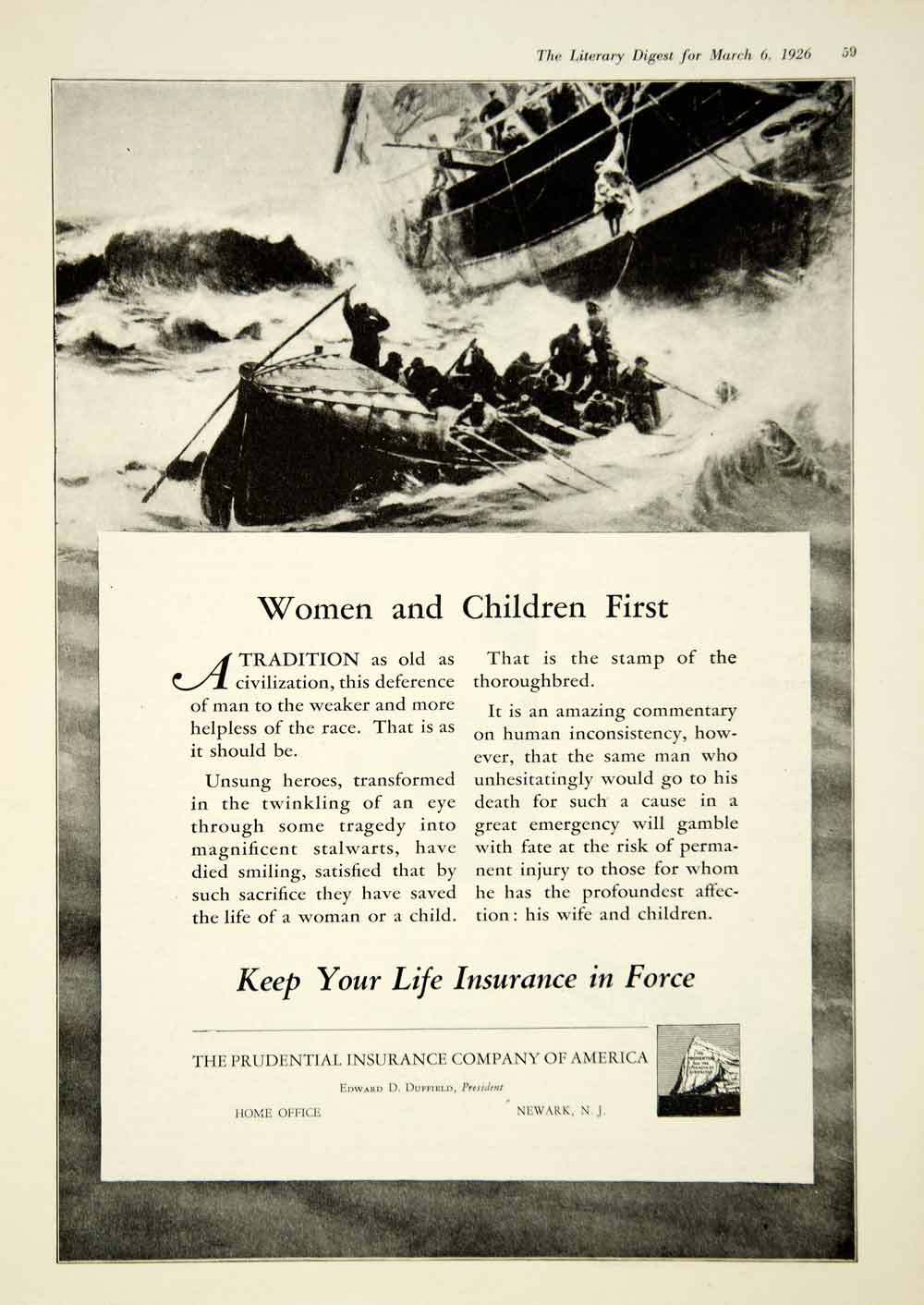 1926 Ad Prudential Insurance Sea Disaster Rescue Women Children First YLD4