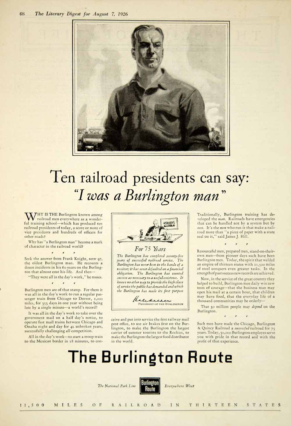 1926 Ad Chicago Burlington Quincy Railroad Route Man Frank Knight Train YLD4