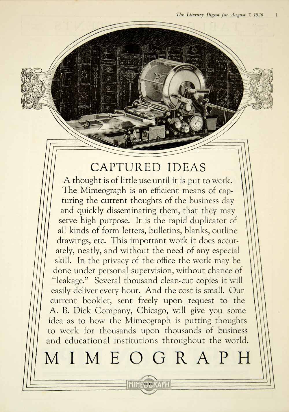 1926 Ad Vintage Mimeograph Machine Duplicator Copier Office Business A. B YLD4