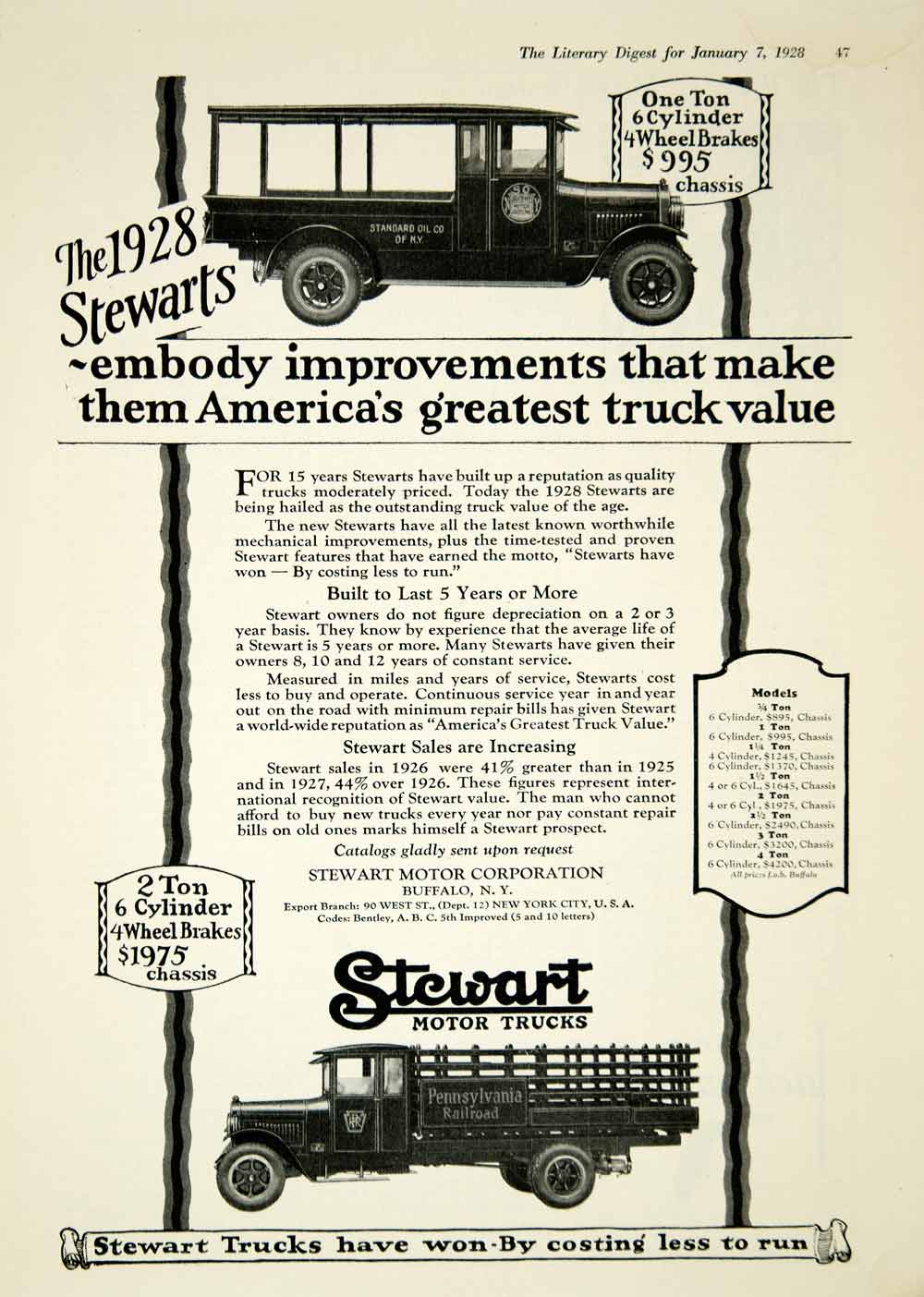 1928 Ad Vintage Stewart Motor Truck One Two Ton Stake Delivery Antique YLD4