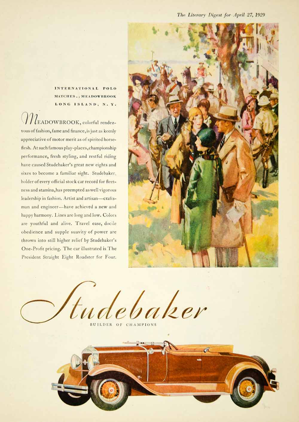 1929 Ad Studebaker President Straight Eight Roadster Auto Car Polo YLD4