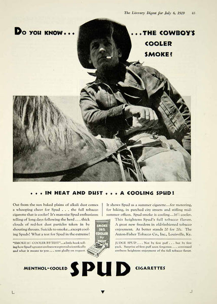 1929 Ad Vintage Spud Menthol Cigarettes Cowboy Smoking Tobacco Axton Fisher  YLD4