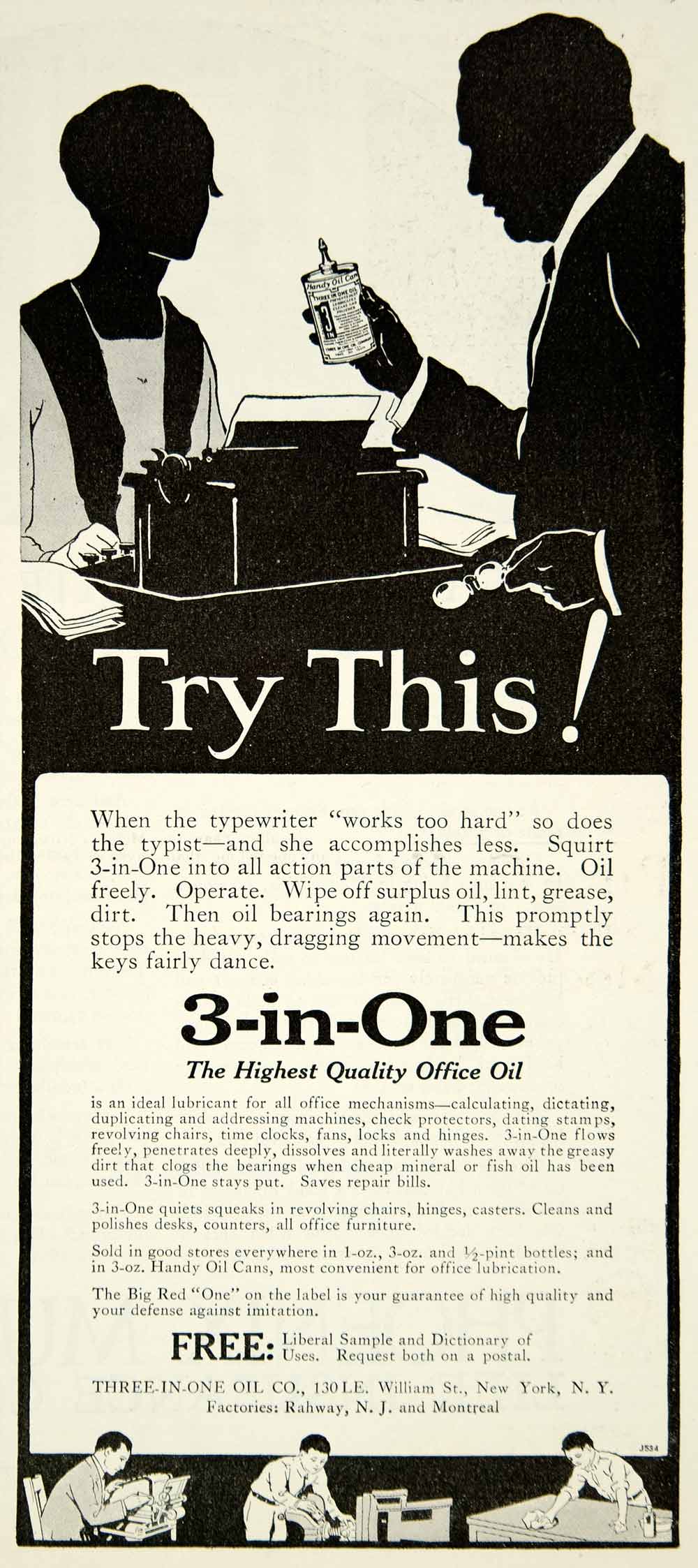 1926 Ad 3inOne Oil Office Machine Lubricant Typewriter Typist Secret