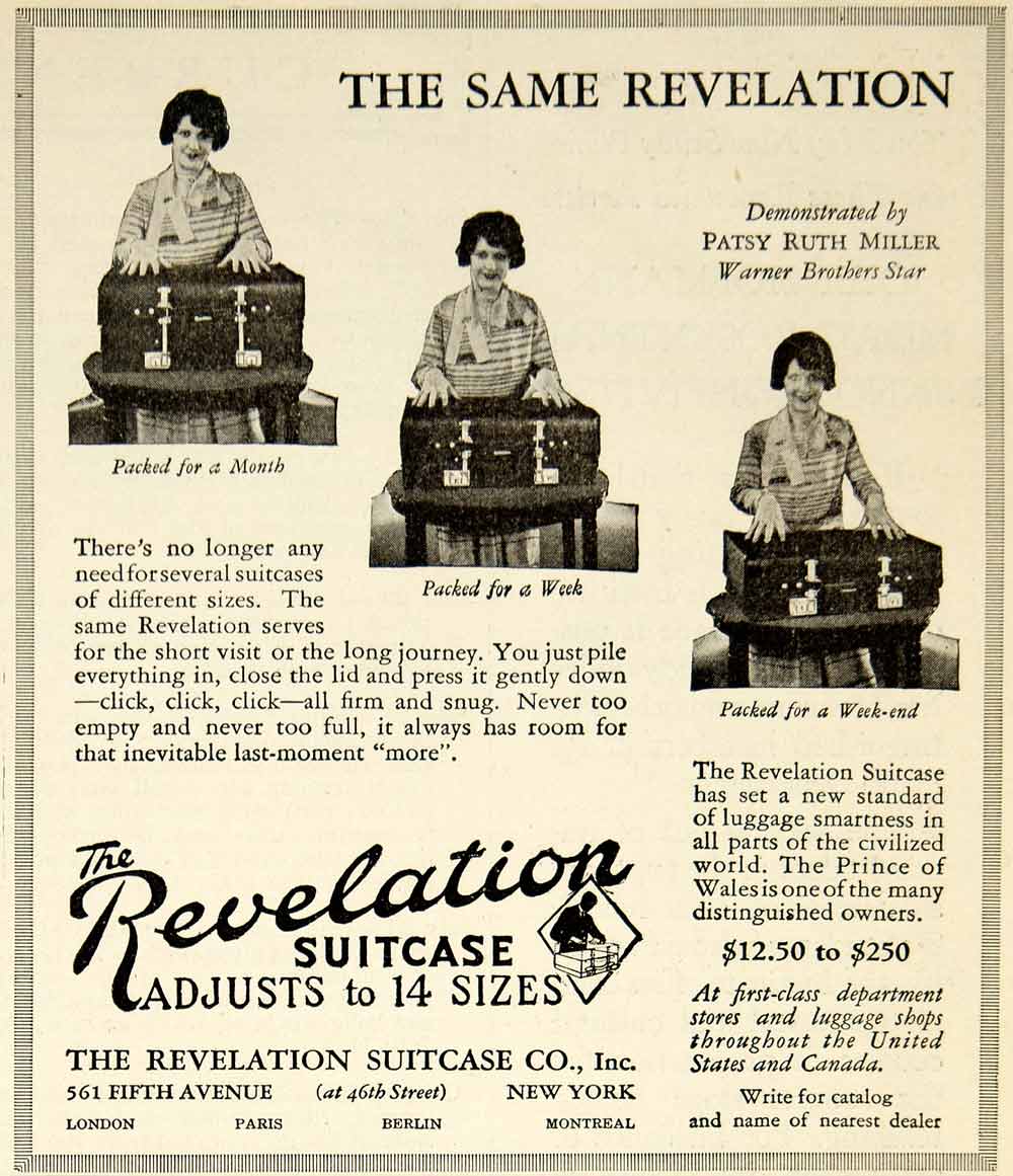 1926 Ad Vintage Revelation Suitcase Luggage Patsy Ruth Miller Silent Film YLD4