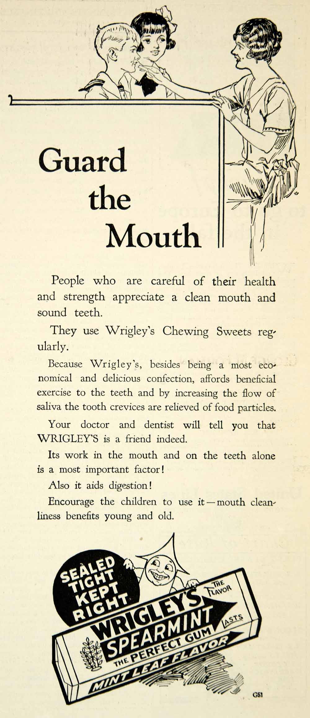 1926 Ad Vintage Wrigley's Spearmint Chewing Gum Children Mother Health YLD4