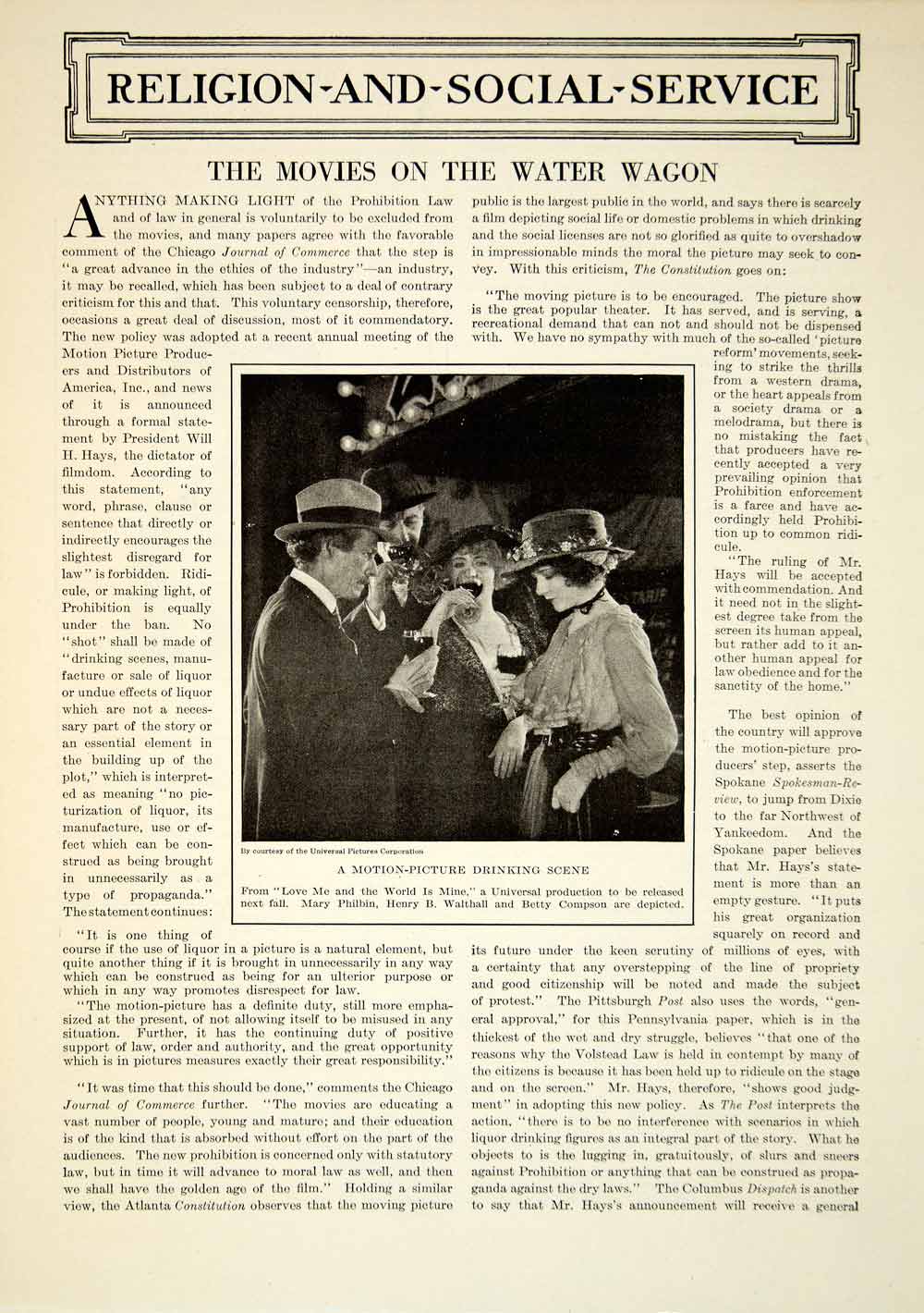 1926 Article Silent Film Prohibition Law Movies Drinking Liquor Code Will H YLD4