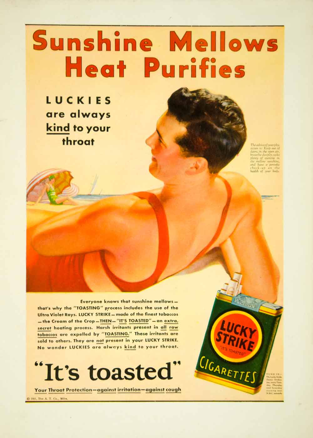 1931 Ad Lucky Strike Cigarettes Smoke Tobacco Beach Swim Bathing Suit YLD5