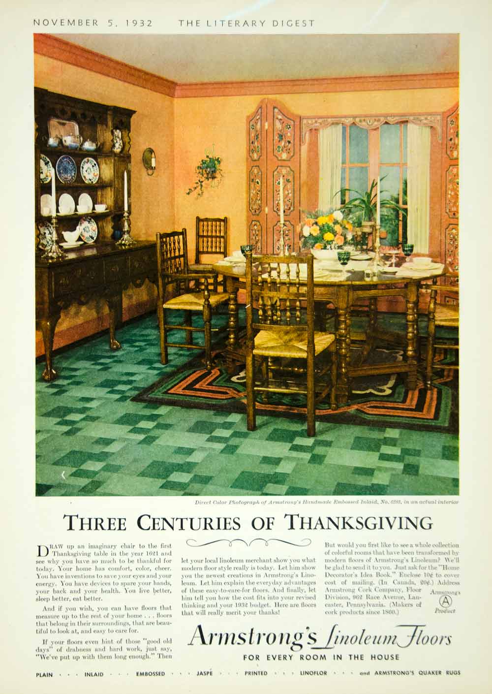 1932 Ad Thanksgiving Armstrong Linoleum Floors Holiday Construction Table YLD5