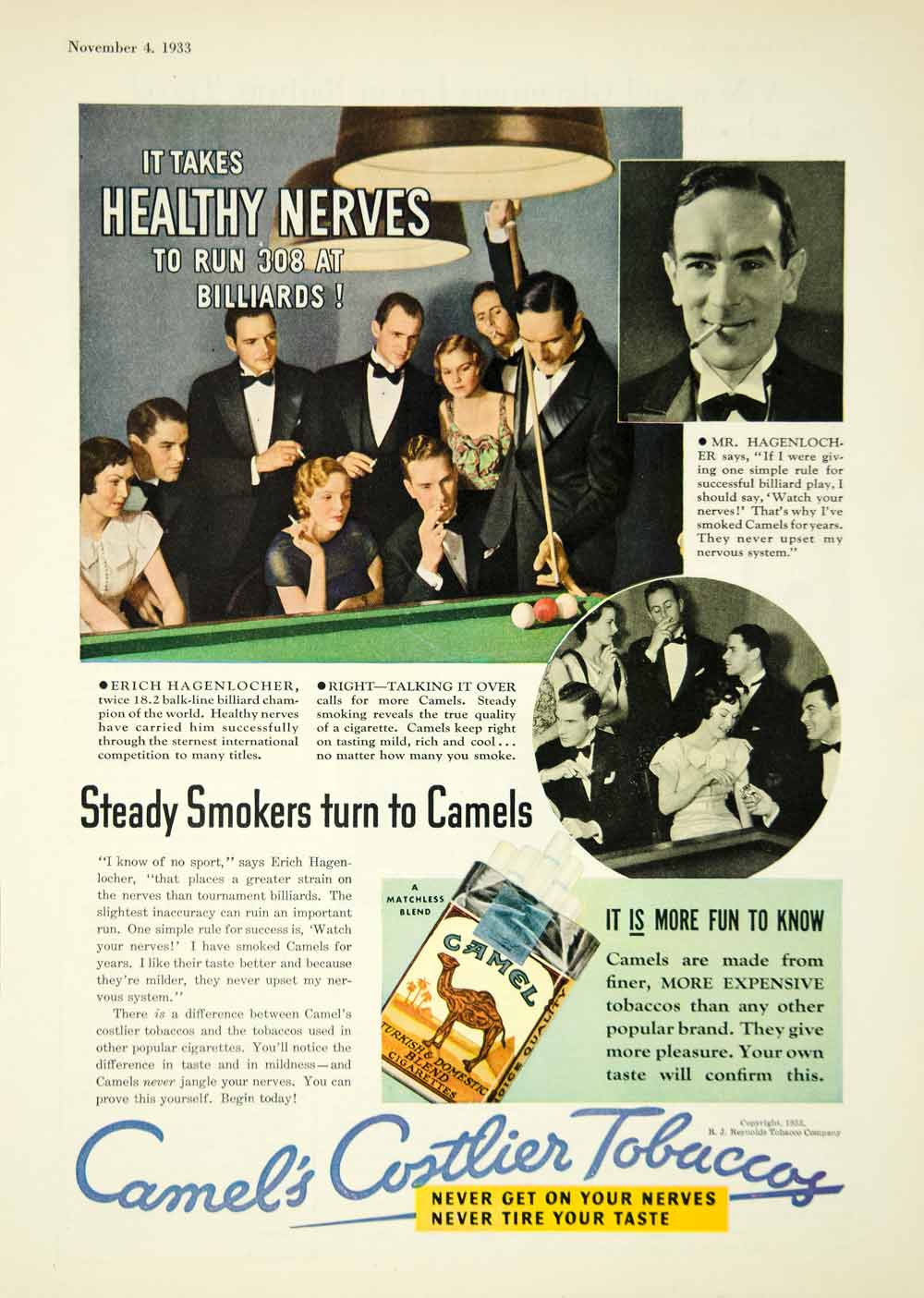 1933 Ad Camel Costlier Tobacco Cigarette Billiard Pool Enrich Hagenlocher YLD5