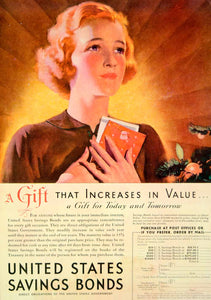 1936 Ad United States Savings Bonds World War II Girl Gift Christmas Ginger YLD5