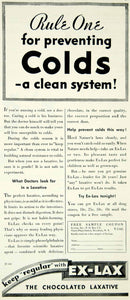 1932 Ad Cold Cure Ex-Lax Chocolated Laxatives Purge System Digestion YLD5