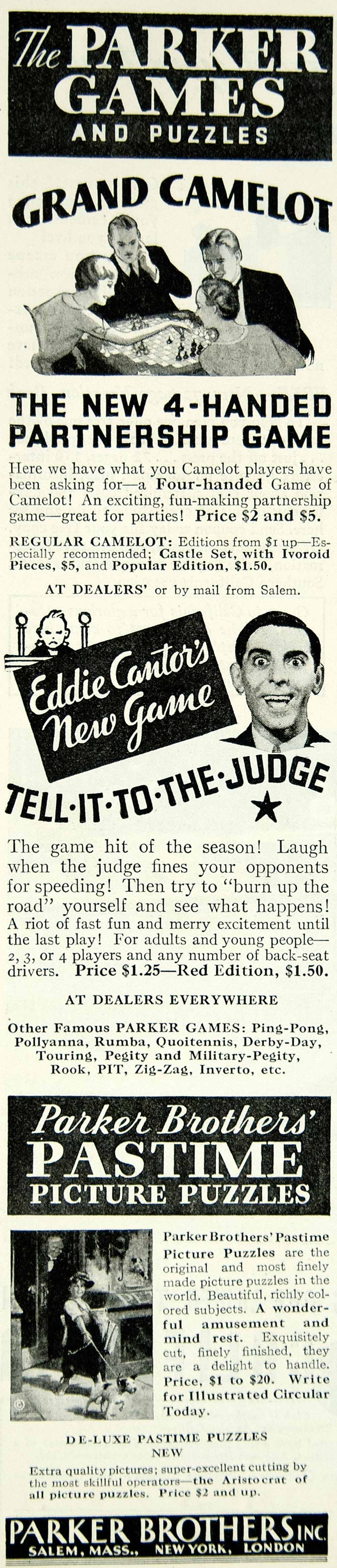 1932 Ad Parker Brothers Board Games Puzzle Camelot Eddie Cantor Tell It To YLD5