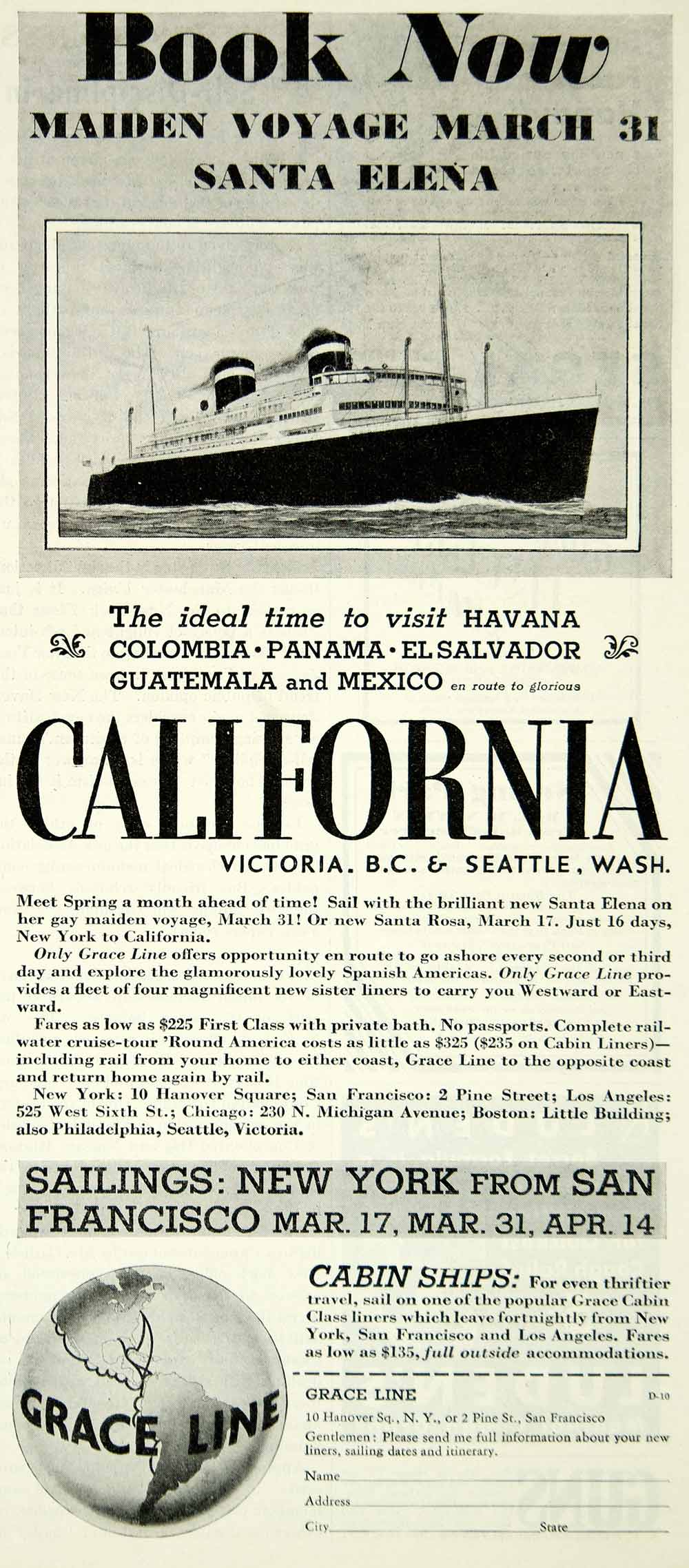 1933 Ad California Grace Line Cabin Ship Cruise Steamboat Santa Elena YLD5