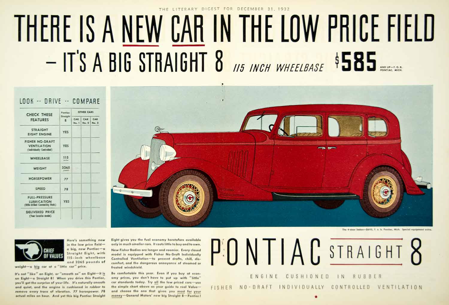 1932 Ad Pontiac Straight 8 Automobile Car Vehicle Red Wheelbase Classic YLD5