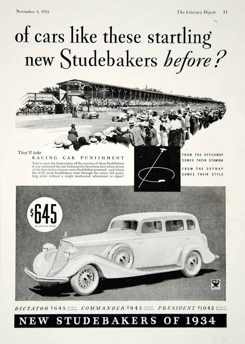 1933 Ad Studebaker Automobiles Racing Car Classic NRA Battleship YLD5