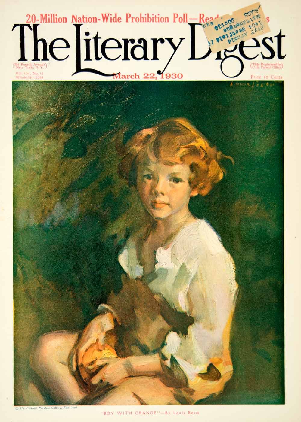 1930 Cover Boy Orange Child Louis Betts Literary Digest Portrait YLD6