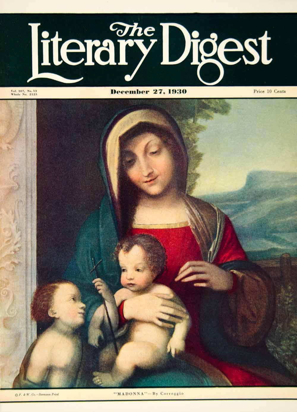 1930 Cover Literary Digest Madonna Correggio Mother Children Religious YLD6