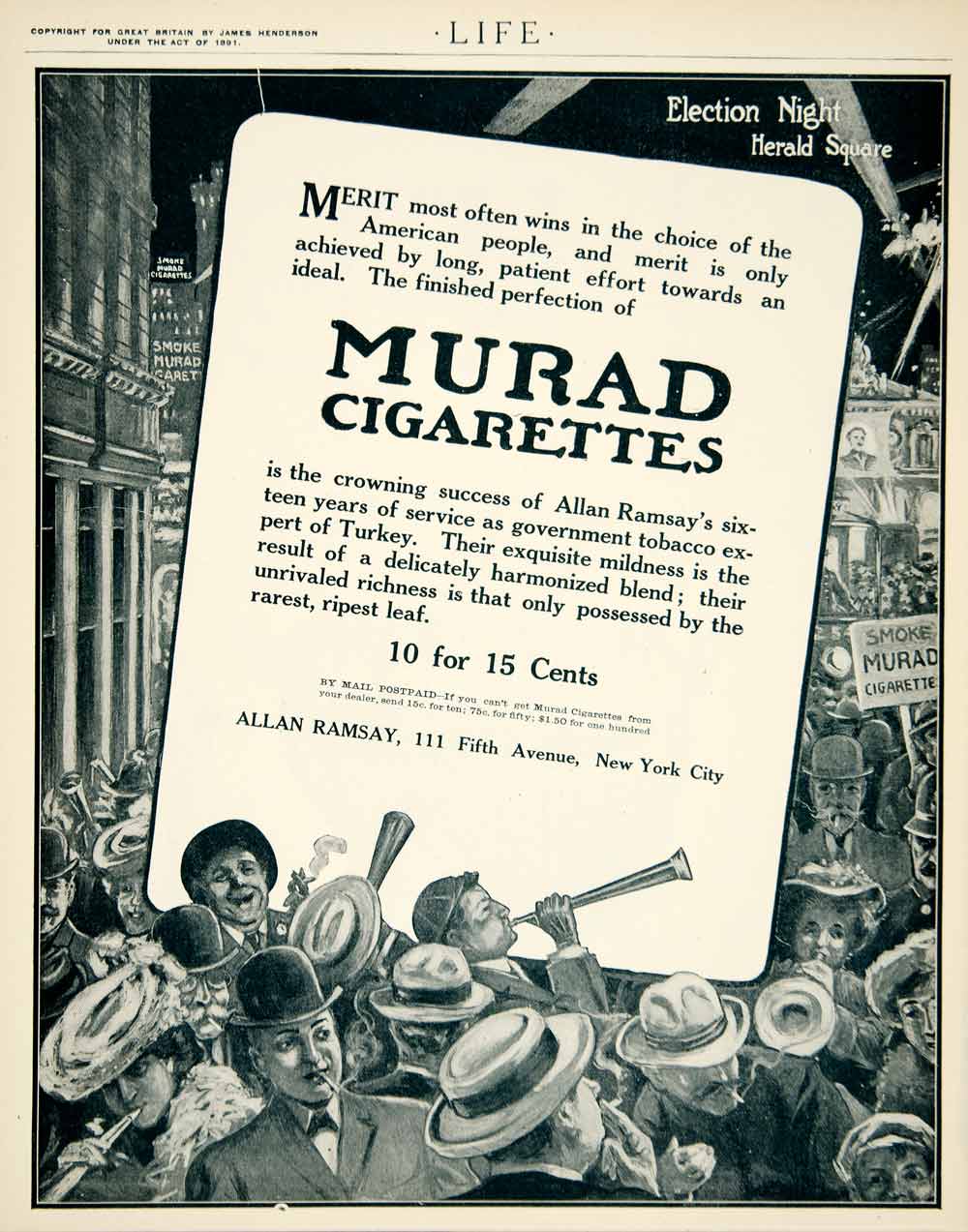 1905 Ad Murad Cigarettes Turkish Tobacco Election Night Herald Square Art YLF1