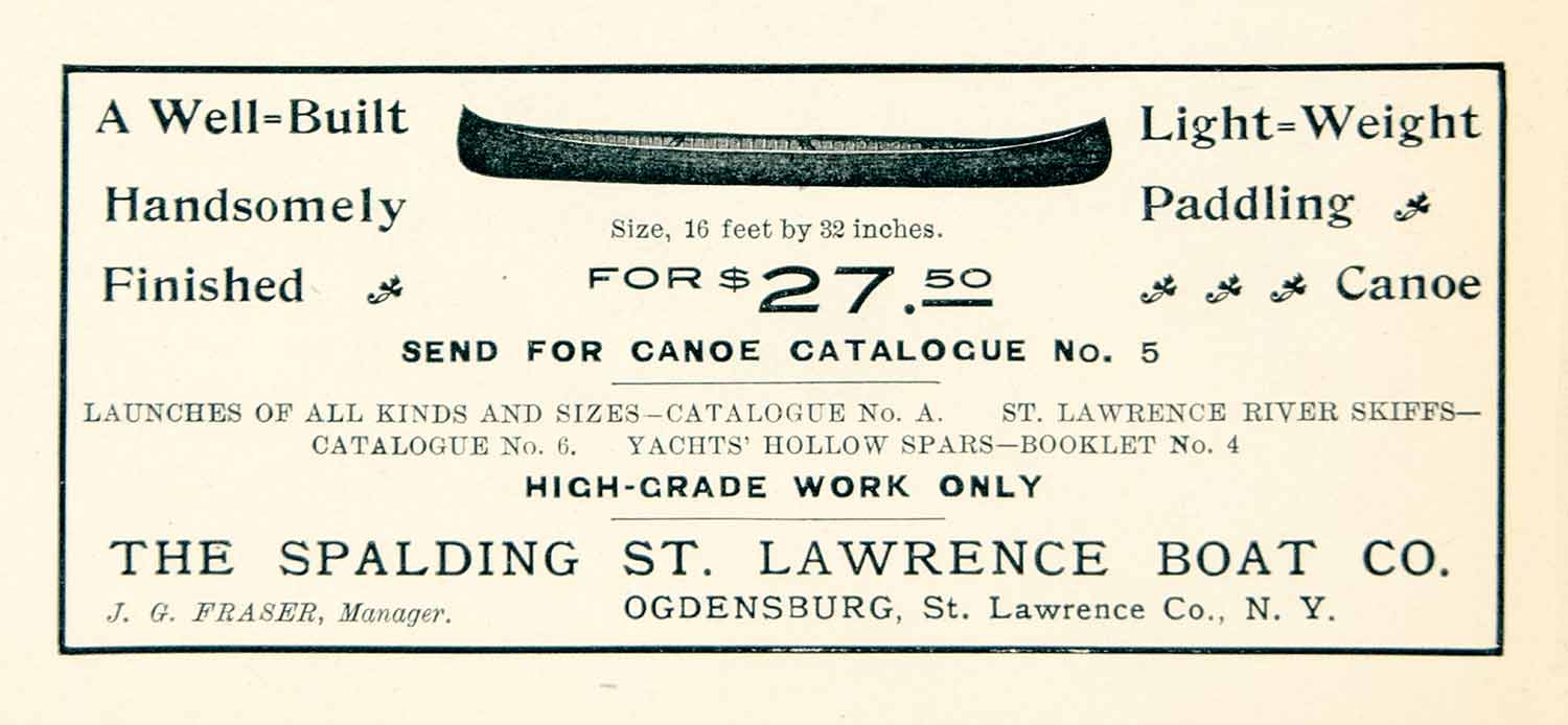 1901 Ad Spalding St Lawrence Boat Canoe Sporting Goods Fishing Ogdensburg YLF1