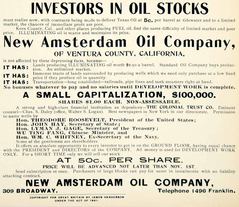 1901 Ad New Amsterdam Oil Company 309 Broadway NYC Fuel Petroleum Colonial YLF1