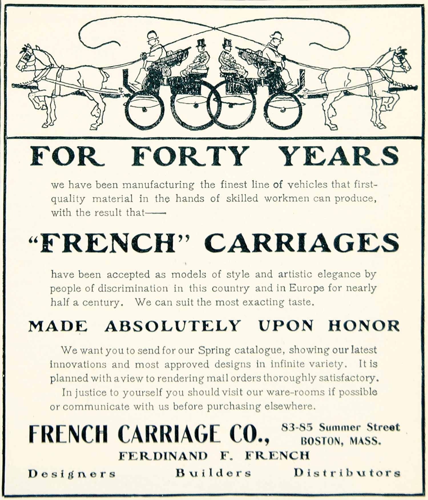 1902 Ad Ferdinand F French Carriage 8385 Summer St Boston MA Horse YLF1