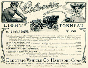 1904 Ad Electric Vehicle Columbia Light Tonneau Automobile Brass Era Car YLF1
