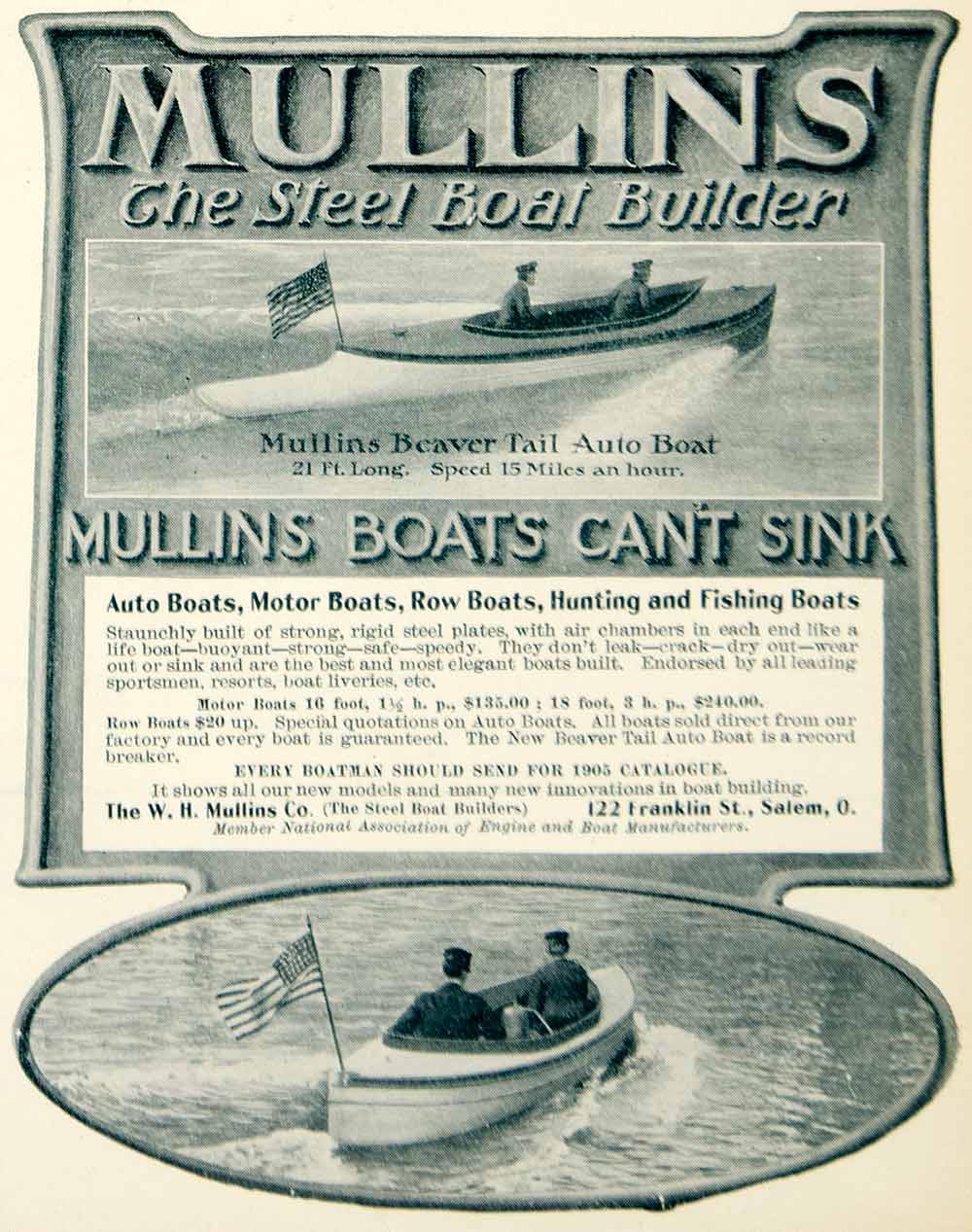 1905 Ad WH Mullins Beaver Tail Auto Boat 122 Franklin St Salem OR Sporting YLF1