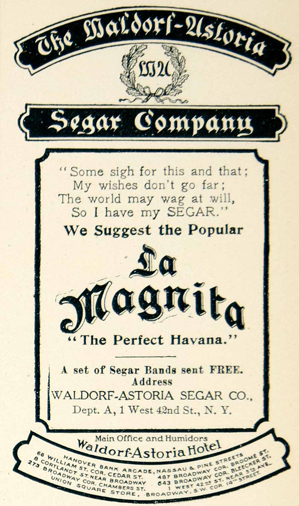 1905 Ad Waldorf-Astoria Hotel La Magnita Cuban Cigars Smoking Tobacco YLF1