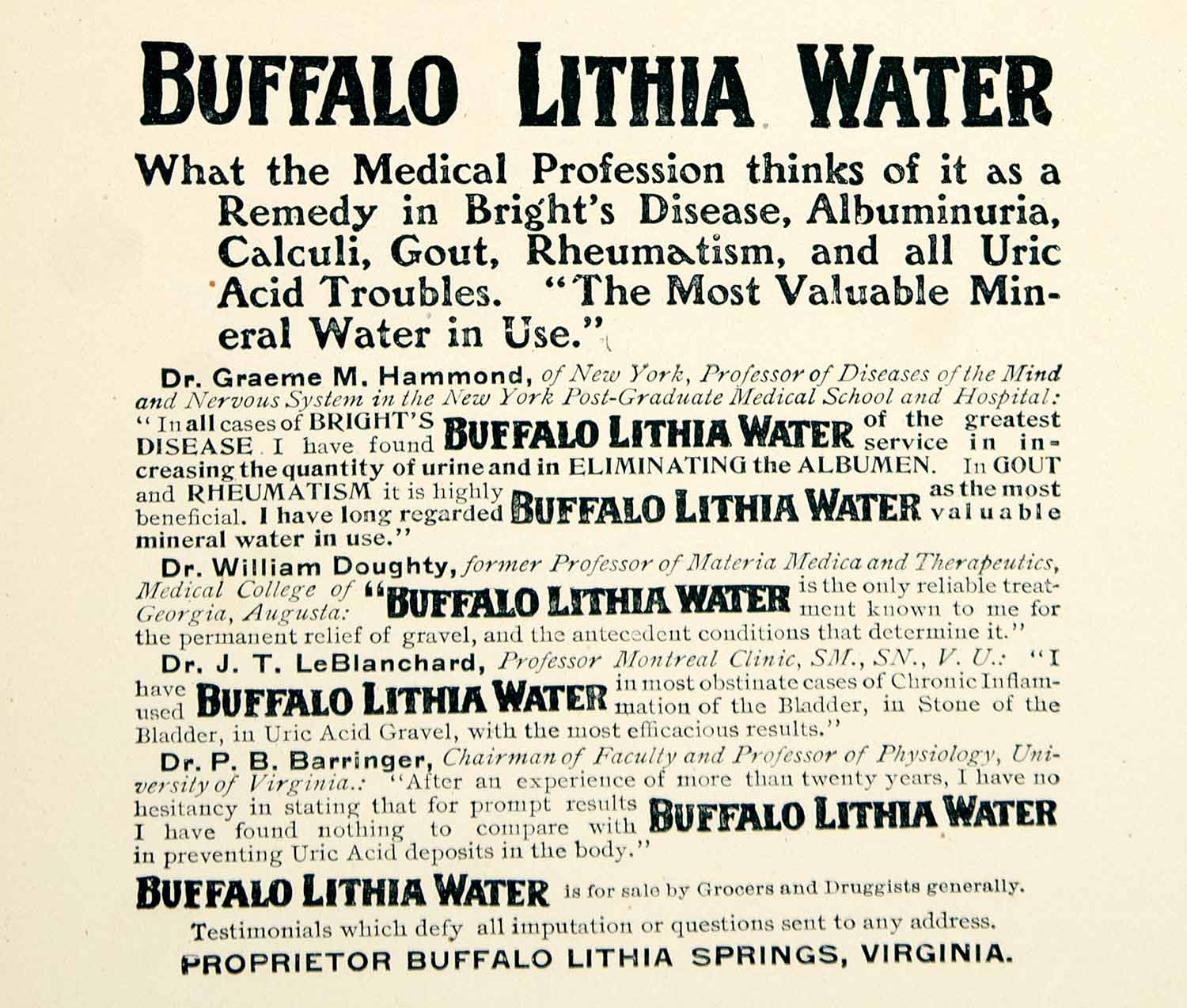 1905 Ad Buffalo Lithia Water Springs VA Drink Beverage Health Tonic Medical YLF1