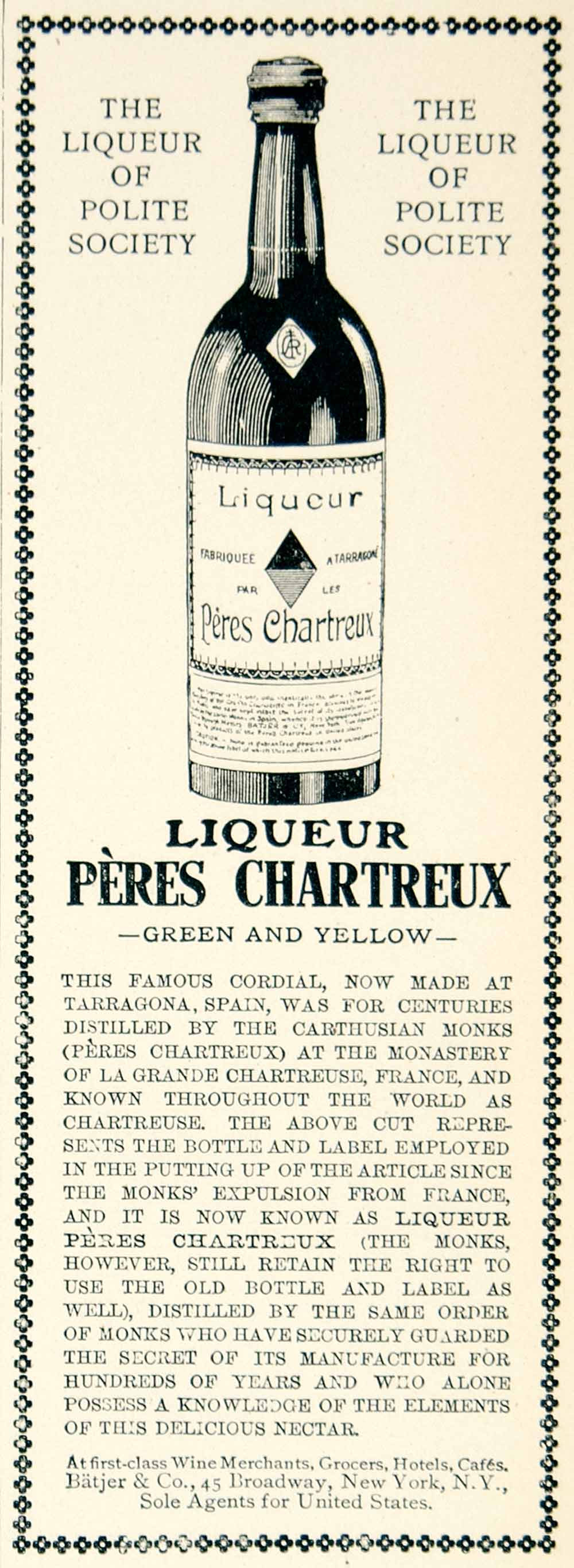 1905 Ad Batjer Peres Chartreux Liqueur Cordial Alcohol Liquor Drink YLF1