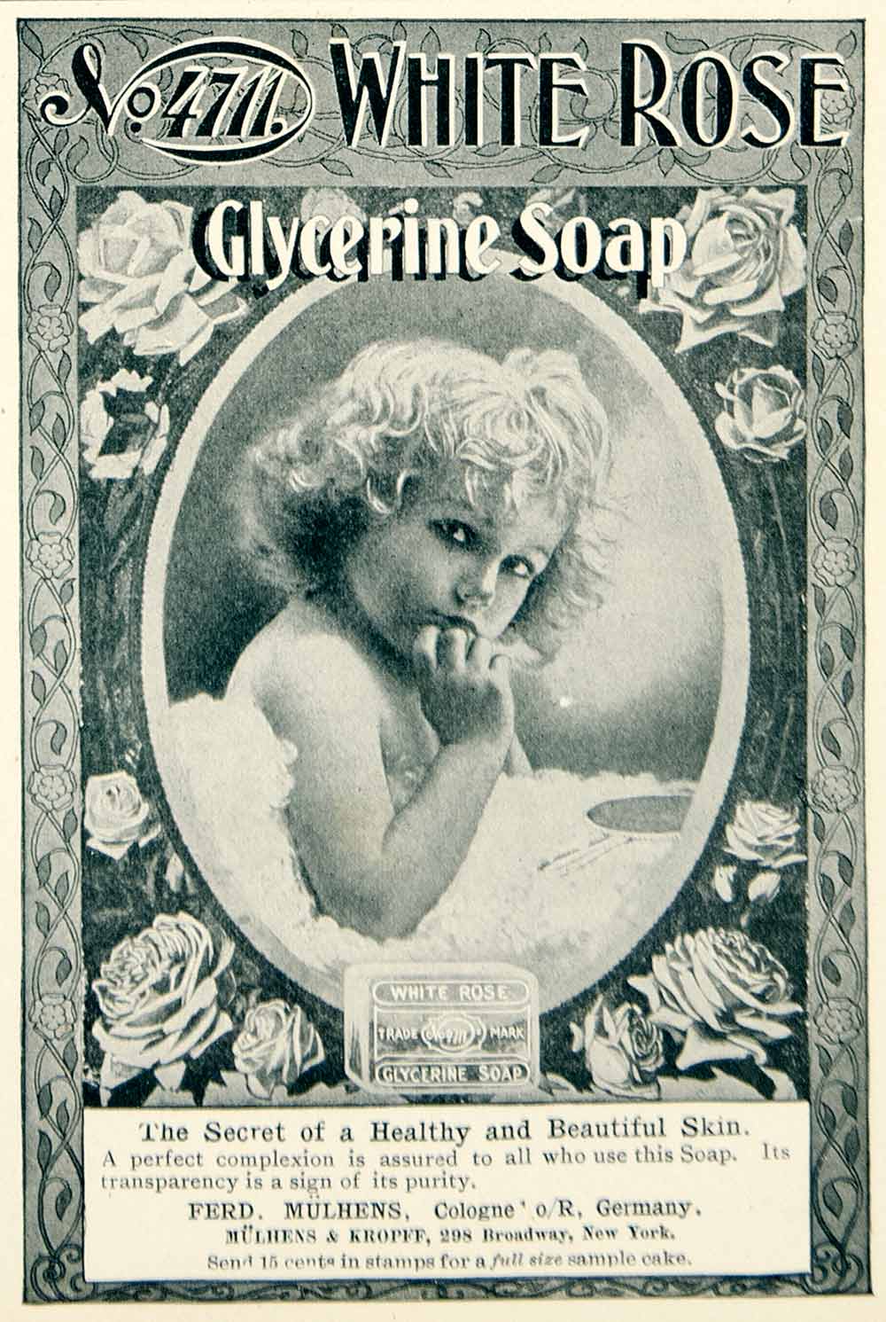1905 Ad Ferd Mulhens White Rose Glycerin Soap Art Nouveau Baby Health YLF1