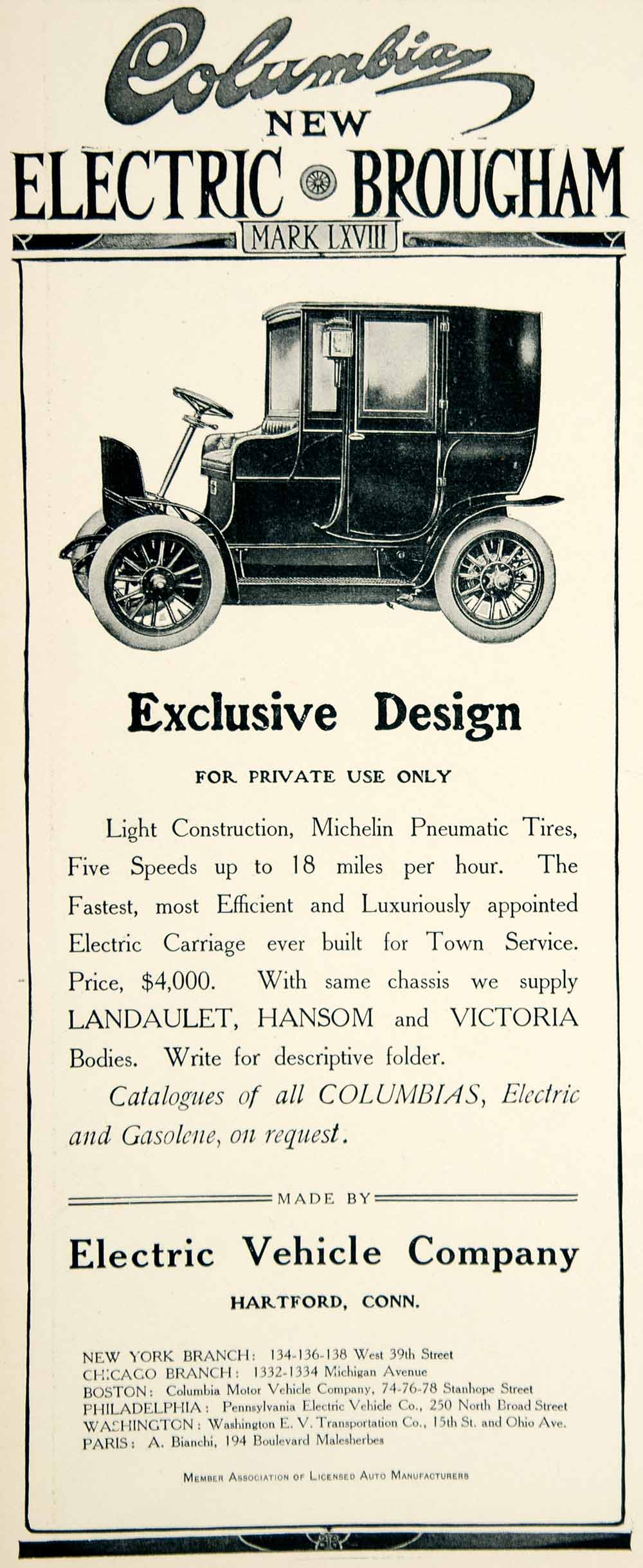1905 Ad Electric Vehicle Columbia Brougham Mark LXVIII Automobile Brass Era YLF1