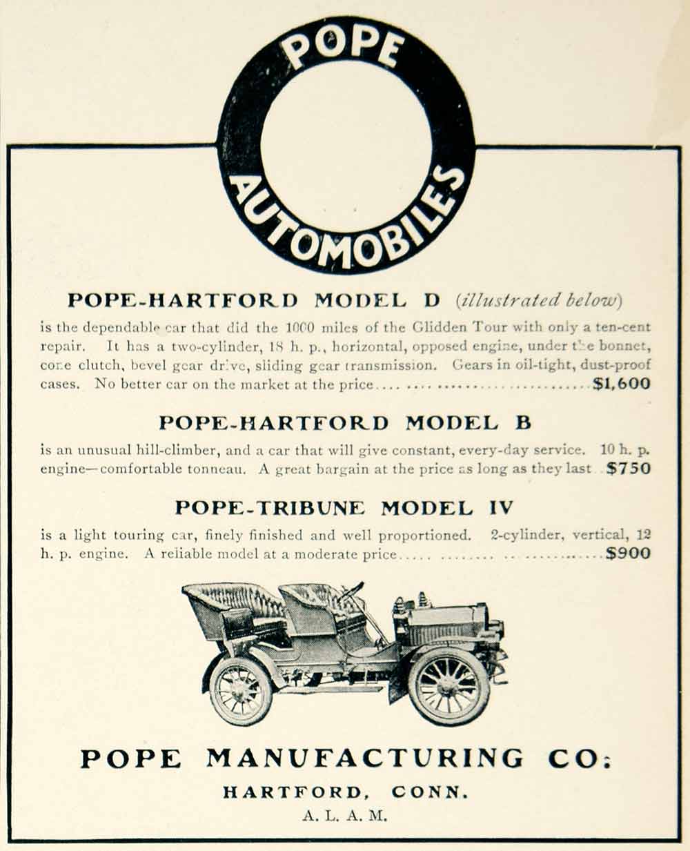 1905 Ad Pope-Hartford Model D Automobile Brass Era Car Transportation YLF1