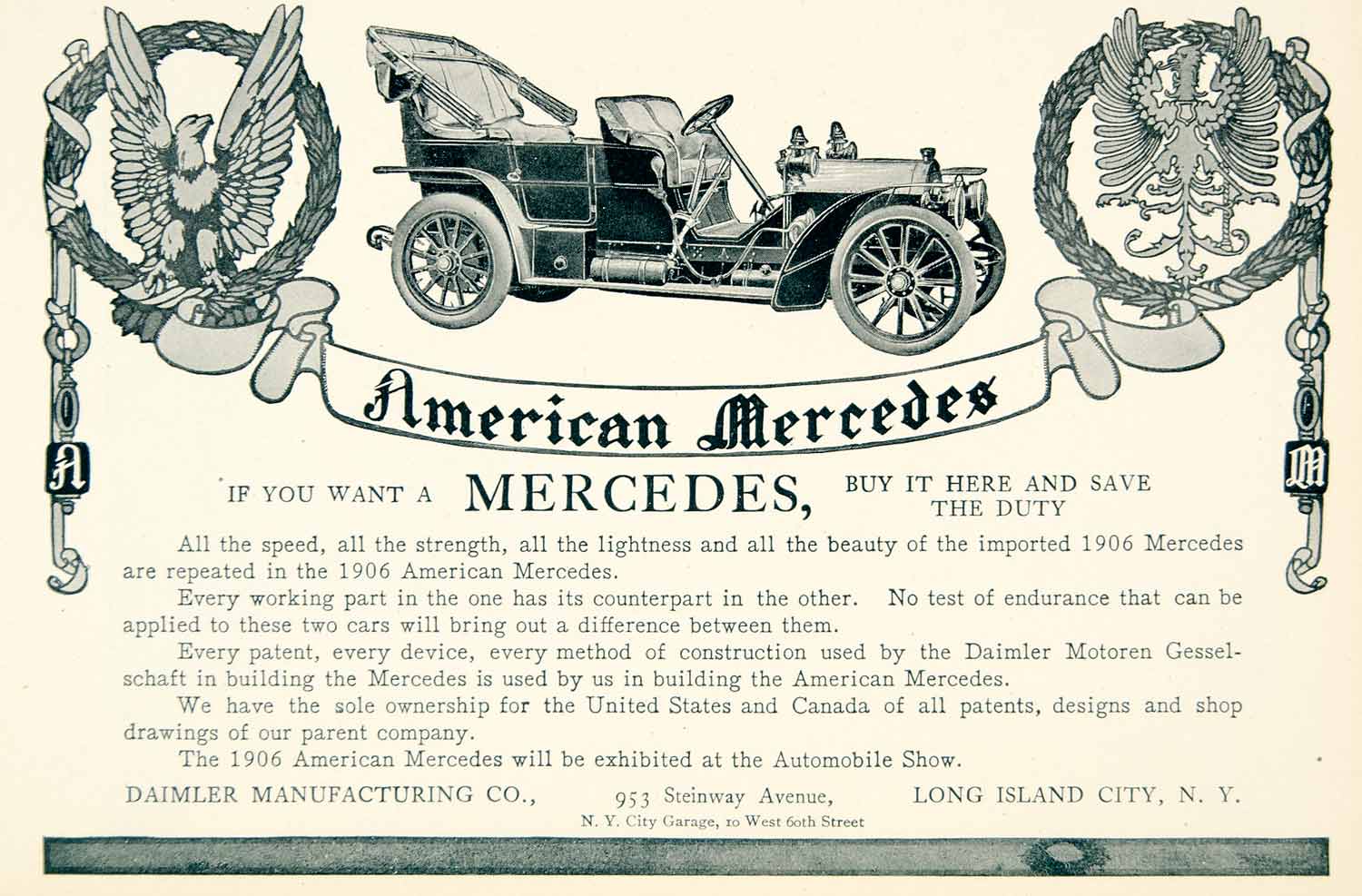 1905 Ad Daimler 1906 American Mercedes Automobile Brass Era Car YLF1