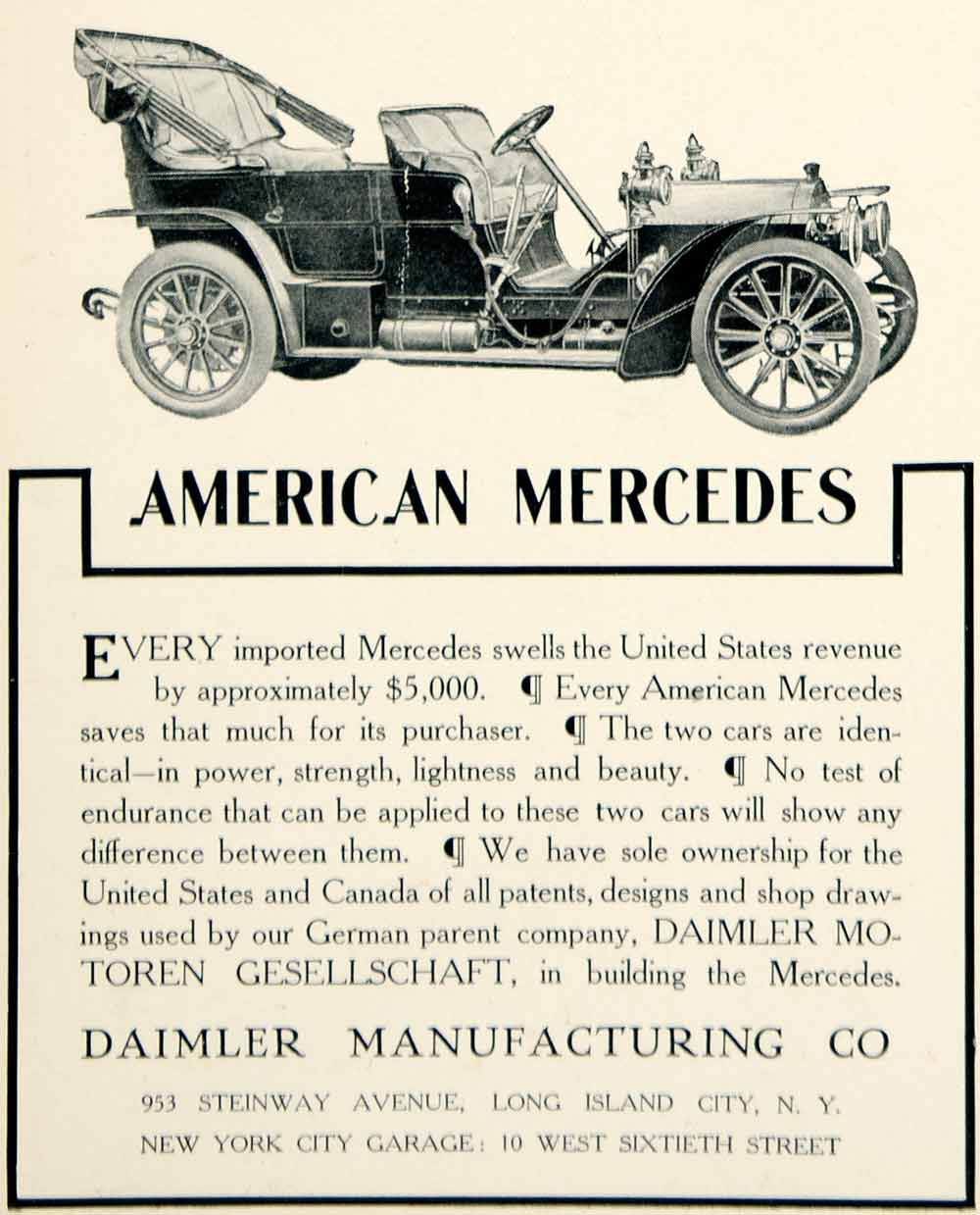 1905 Ad Daimler American Mercedes Automobile Brass Era Car 953 Steinway Ave YLF1